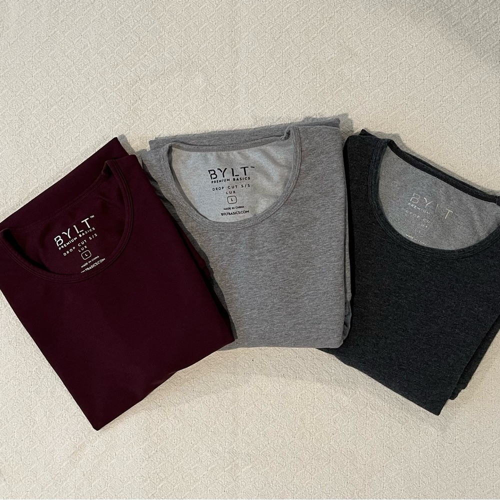 3-Pack BYLT Drop-Cut Lux Shirts – Dark Grey, Maroon, Heather Grey – Size: Large